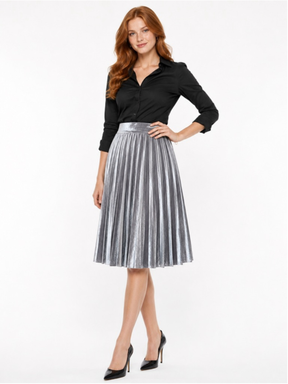 Metrowear Silver Pleated Midi Skirt M NWT